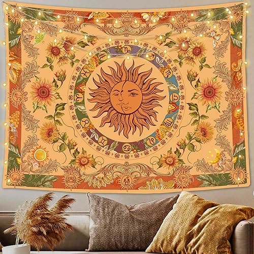 Accnicc Yellow Sun and Moon Tapestry Vintage Indie Boho Tapestry Wall Hanging with Sunflowers Butterfly Moth Constellation Aesthetic Wall Tapestries for Bedroom Dorm Living Room (Orange, 48'' × 36'') - Image 1