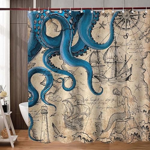 Fungarth Vintage Nautical Octopus Shower Curtain Navy Blue Mermaid Funny Ocean Kraken Shower Curtains for Bathroom Anchor Coastal Map Waterproof Fabric Bath Curtain Decor with Hooks (Retro, 72” x 72”) thumbnail 6