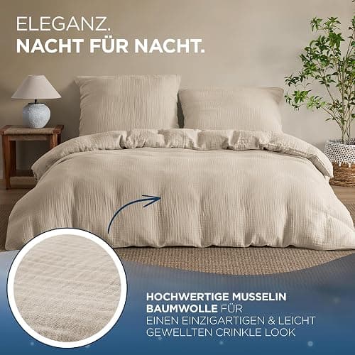 Samthus Musselin Bettwäsche aus 100% Baumwolle - Oeko-Tex Made in Green - Himmlisch weicher Schlaf - bügelfreies Bettwäsche-Set mit 1x Bettbezug 135x200 + 1x Kissenbezug 80x80 - Duvet Cover - Beige thumbnail 7
