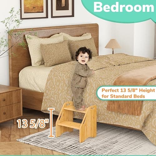 AMBIRD Wooden Step Stool, 15.75'' H Potty Training Toddler 300 lbs Capacity with Safety Non-Slip Pads and Handles, Kitchen Step Stools for Kids, Bamboo Step Stool for Bathroom, High Beds (Natural) thumbnail 4