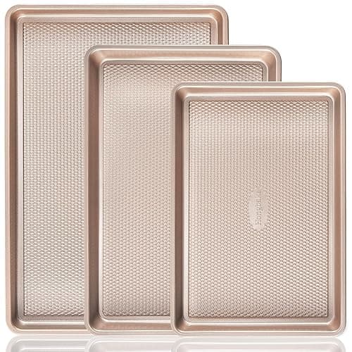 HONGBAKE Baking Sheet Pan Set, Cookie Sheets for Oven, Nonstick Half/Quarter/Jelly Roll Pans with Diamond Texture Pattern, Heavy Duty Cookie Tray - Champagne Gold - Image 1