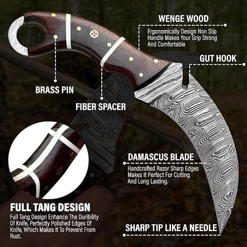 RC Damascus Hunting Knife with Leather Sheath | 9'’ EDC Knife for Men - WOODEN Handle | Full Tang Fixed Blade handmade Knives - it's a unique product for unique buyers. (Brown) thumbnail 3