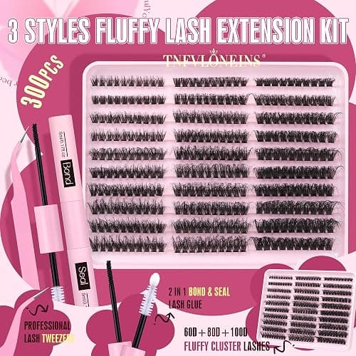 Fluffy Lash Extension Kit 60D+80D+100D Lash Clusters Thick Eyelash Extension Kit 10-18mm Individual Lashes Kit 300PCS Eyelashes Extension with Bond and Seal and Lash Extension Tweezers by TNFVLONEINS thumbnail 2