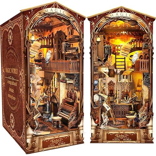 BuzzoXerex DIY Book Nook, Fermalibri in Legno 3D con Copertura Antipolvere, DIY Miniature Kit con Luce LED Manuale per Arredare le Librerie e fare Regali Creativi (Mondo Magico) - Image 1