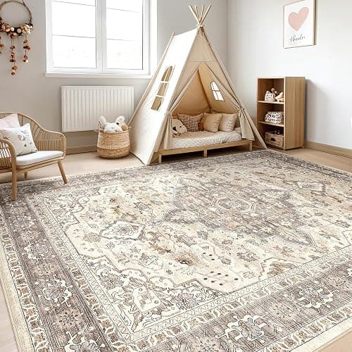 8x10 Area Rugs Living Room: Washable Boho Large Neutral Vintage Soft Rug Stain Resistant Farmhouse Non Slip Indoor Floor Carpet for Bedroom Nursery Kids Playroom Office Dining Room Home Decor- Brown thumbnail 5