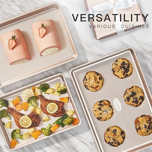 HONGBAKE Baking Sheet Pan Set of 3, Cookie Sheets for Oven, Nonstick Half/Quarter/Jelly Roll Pans with Diamond Texture Pattern, 0.8mm Thick Heavy Duty Cookie Tray, Champagne Gold thumbnail 5