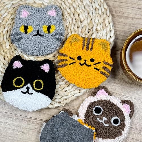 Morledoa Punch Needle Coasters Kit, Punch Needle Kits Adults Beginner, Cat Coasters Kit with Adhesive Felt, Yarns, Embroidery Hoop, Instruction thumbnail 4