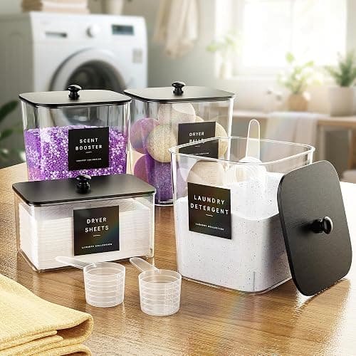 4 Pack Laundry Pods Container, Clear Laundry Room Organization Containers,Large Laundry Detergent Powder Storage Containers Black Wooden Lids & Labels, Acrylic Laundry Pods Holder for Scent Booster thumbnail 2