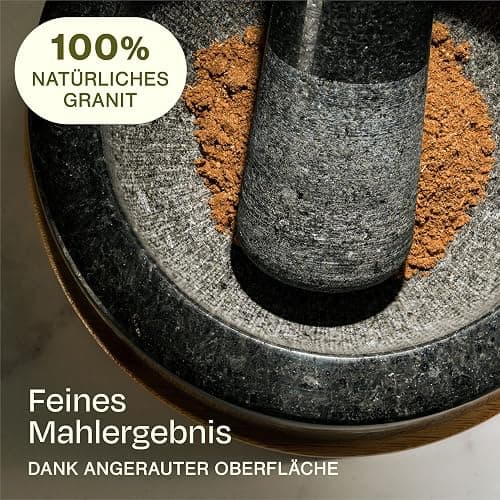 Praknu Mörser aus Granit klein mit Stößel - Für ein feines Mahlergebnis - Mit Untersetzer aus nachhaltigem FSC® Holz - Leicht zu Reinigen thumbnail 5