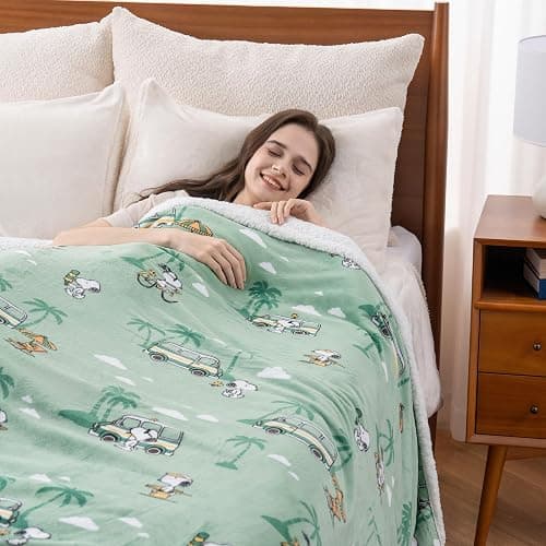 Berkshire Blanket Peanuts® Sherpa Blanket, 480gsm Warm Reversible Heavy Thick Blanket for Couch, Bed & Travel (Snoopy's Beachy Roadtrip Large Sage, King Size 90" x 108") thumbnail 2