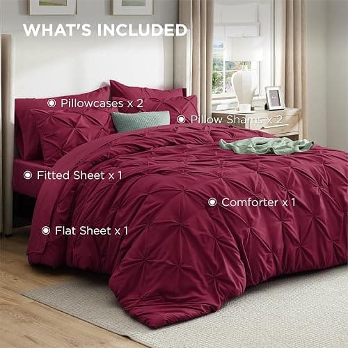 Bedsure Queen Comforter Set Dark Red - Bed in a Bag Queen Size Bedding 7 Pieces, GentleSoft™ Pintuck Bed Set Gift for Family, Pinch Pleat All Season Comforter with Sheets, Pillowcases & Shams thumbnail 9