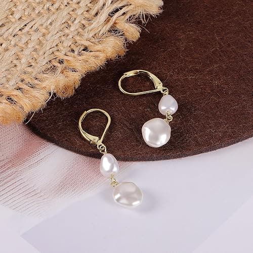 LANCHARMED 14K Gold Pearl Dangle Earrings for Women，925 Sterling Silver Double Pearl Drop Earrings，Leverback Irregular Pearl Hypoallergenic Earrings thumbnail 5