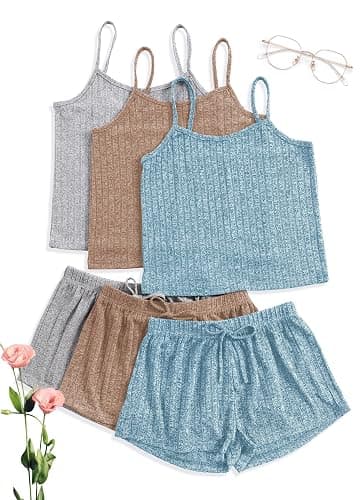 Notktgh 3 Sets for Women Ribbed Pajamas Set Crop Top and Shorts Button Lounge Set Sleeveless Pjs Sleepwear thumbnail 2