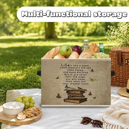 WNAGT Vintage Butterfly Book Foldable Storage Bins Box with Handles, Inspirational Bookish Collapsible Organizer Basket for Reading Room Nook Corner Library Home Clothes Books thumbnail 6