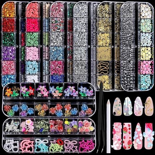 FANDAMEI Nail Charms, 8-Box Nail Charms and Gems, Fruit Bow Hawaii Flowers Petals 3D Nail Art Charms Bulk, Charms Y2K for Nails, Colorful Bubble Beads Nail Rhinestones, Gold Studs Nail Pearls for DIY - Image 1