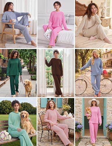 MISSACTIVER Women's 2 Piece Striped Lounge Set Long Sleeve Oversized T-Shirt Wide Leg Pants Matching Pajamas Set thumbnail 7