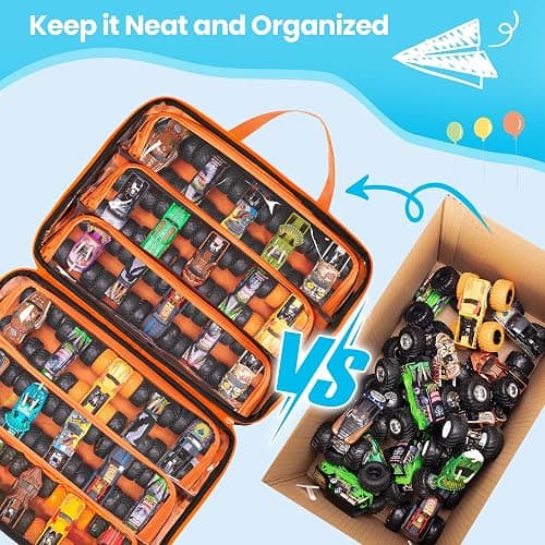 CURMIO Monster Trucks Carrying Case Compatible with Monster Jam, Monster Truck Bag Holding 34 1:64 Scale Toy Cars, Navy-Orange thumbnail 5
