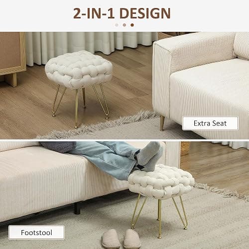 HOMCOM Square Foot Stool, Woven Footrest Ottoman with Metal Legs, Padded Makeup Vanity Stool, Velvet Dressing Table Seat for Bedroom, Cream White thumbnail 5