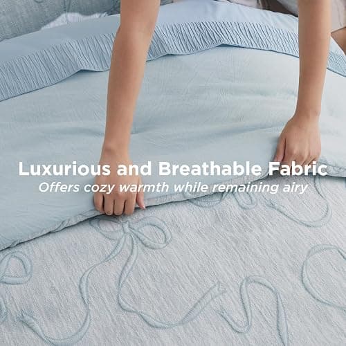 Bedsure Queen Comforter Set, Dusty Blue Boho Tufted Bed Set, 3D Puffy Jacquard Bedding Queen Size, 3 Pieces, 1 Farmhouse Shabby Chic Embroidery Comforter with Bow Pattern & 2 Pillow Cases thumbnail 5