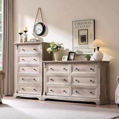 Farmhouse 6 Drawers Dresser for Bedroom, 54" Wide Large Dressers & Chests of Drawers w/Roman Column, Wooden Dresser TV Stand with Large Drawers for Nursery Bedroom Living Room Hallway,Light Rustic Oak thumbnail 8