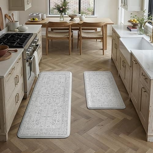 PureCozy Kitchen Mats 2PCS Anti Fatigue Cushioned Mat Gray Vintage Kitchen Mats for Floor Waterproof Non Slip Comfort Standing Grey Retro Floral Rug for Sink Laundry Office 17.3"x47"+17.3"x30" thumbnail 6
