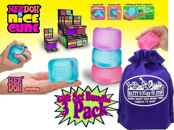 Nice Cube Translucent NeeDoh...Groovy Glob! Squishy, Squeezy, Popping, Stretchy Stress Fidget Cubes Complete Gift Set Party Bundle with Storage Bag - 3 Pack (Purple, Pink & Blue) thumbnail 2