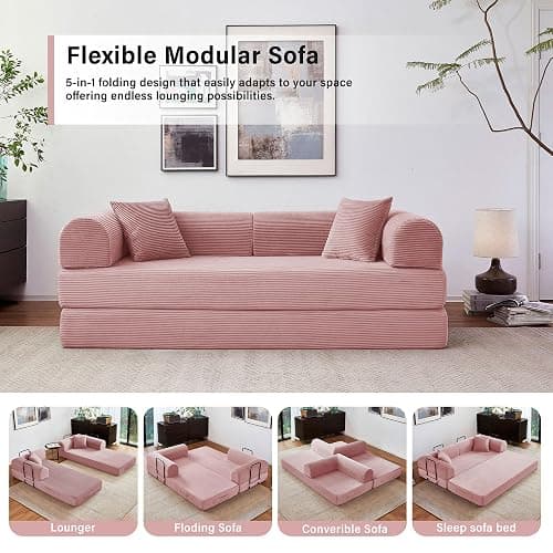 Reiboco 79" Convertible Sofa Bed, Pull Out Sleeper Couch, Corduroy Loveseat Futon for Small Apartment, No Assembly Oversized Floor Sofa, Modern Couch Bed for Living Room Guest Room (Pink) thumbnail 7