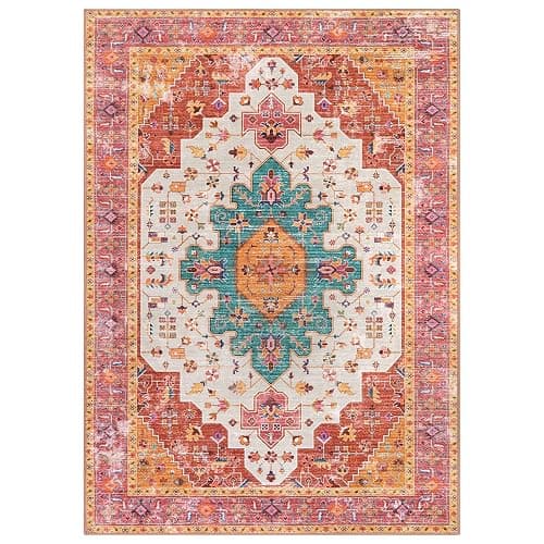 Moynesa Ultra-Thin Washable Vintage Area Rug - 5x7 Large Bedroom Boho Non-Slip Non-Shedding Living Room Mat Oriental Medallion Floor Carpet for Kids Nursery Room Office, Pink/Teal/Multi thumbnail 6
