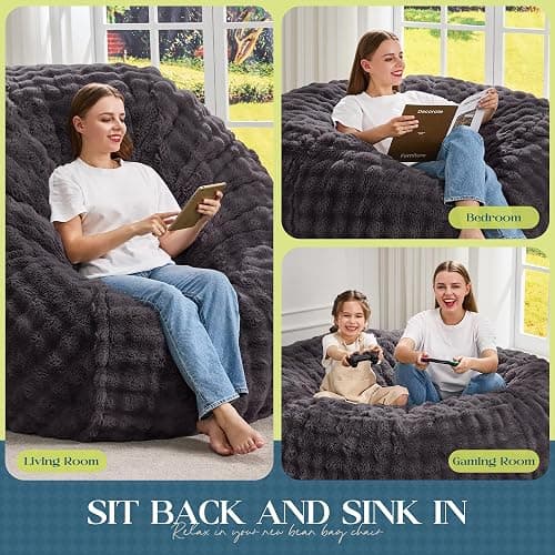 Hobestluk Bean Bag Chairs 5ft Beanbag Chair with Filler Adult Bean Bags with Fluffy & Machine Washable Cover, Giant Bean Bag Chairs for Adults (Dark Grey, 5FT-50" x 50" x 24") thumbnail 5