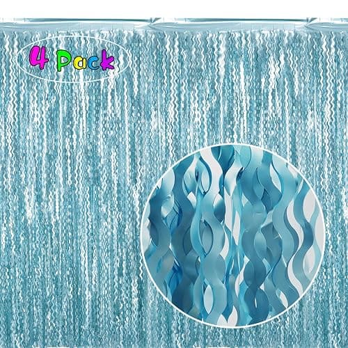 4 Pack Wavy Blue Foil Fringe Curtain 3.3x6.6 Feet | Blue Streamers Tinsel Backdrop for Under The Sea Party Decorations | Ocean Backdrop | Mermaid Birthday Decorations thumbnail 4