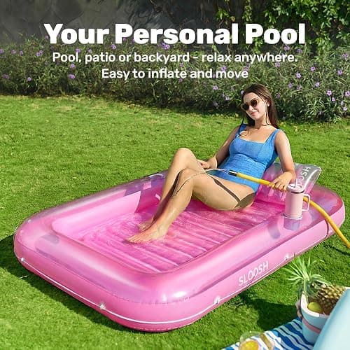 SLOOSH Inflatable Tanning Pool Lounger Float, 70" x 46" Pool Floats Adult with Pillow, 4 in 1 Suntan Tub Raft Floatie,Sunbathing Bed Lounge for Water Blow Up Kids Ball Pit Party Gifts, L-Pink thumbnail 3