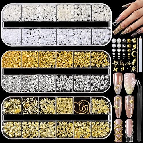 FANDAMEI Gold Nail Gems, 3D Star Nail Charms, Flatback Pearls White Beige, Half Round Silver and Gold Nail Charms, Mixed Sizes Pearls for Nails, Metal Nail Beads, 3D Metallic Nails Art Studs - Image 1