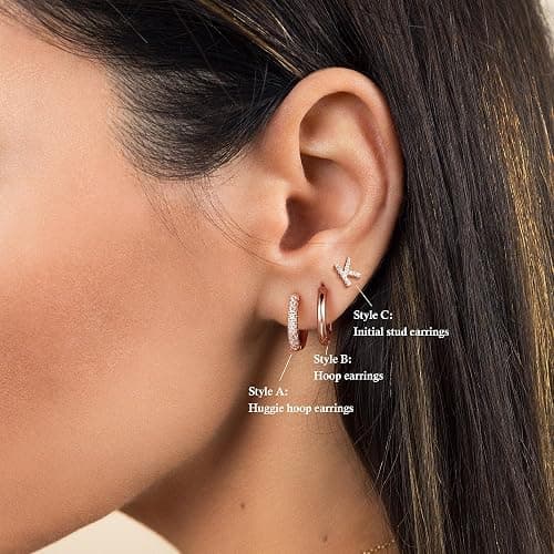 Ritach Gold Earrings for Women Girls - 3 Pairs Gold/Silver/Rose Gold Hoop Earrings for Women Girls CZ Initial Stud Earrings for Girls Hypoallergenic Earrings Set for Multiple Piercing thumbnail 3