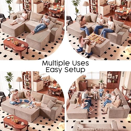 No Assembly Cloud Modular Sectional Sofa，108" U-Shape Corner Couch with Ottoman - Plush Corduroy, Deep Seating, Right Chaise (Camel) | Modern Minimalist Living Room Furniture thumbnail 3