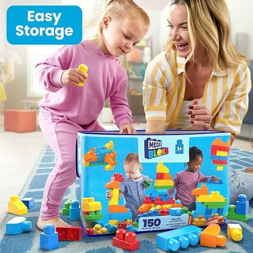 MEGA BLOKS First Builders Toddler Blocks Toys Set, Deluxe Building Bag with 150 Pieces and Storage, Creative Open-Ended Play, Blue, Ages 1+ Years (Amazon Exclusive) thumbnail 2