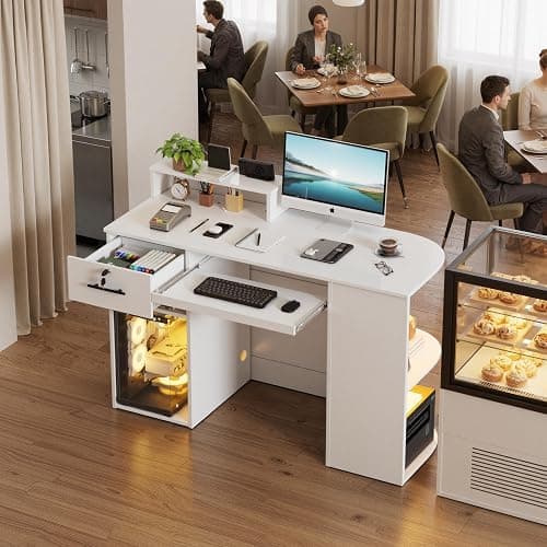 Modern Reception Desk with LED Light and Open Shelves, Front Desk with Lockable Drawers & Keyboard Tray,Reception Counter Table with Storage for Checkout, Office, Lobby, Nail Salon Spa (C.White) thumbnail 3