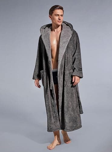 SlumberMee Mens Fleece Plush Robe with Hood Ultra Soft Fluffy Full Length Long with Pockets Luxurious House Coat thumbnail 5