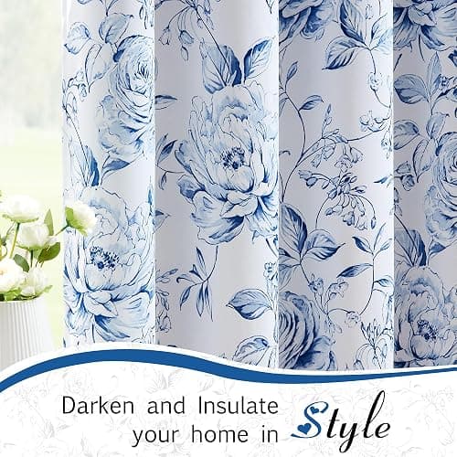 Beauoop Floral 100% Blackout Curtains for Bedroom Navy Blue 50x63 2 Panels | Rose Flower Patterned Room Darkening Drapes for Living Room 90 Inch Long Farmhouse Thermal Insulated Soundproof Grommet thumbnail 6