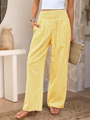 ANRABESS Womens Striped Gingham Palazzo Pants | Wide Leg Smocked High Waisted Pajama Pants, Lounge & Casual, Summer Fall Cute Pants with Pockets thumbnail 2