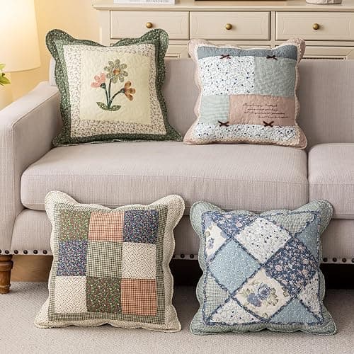 vctops Set of 2 Quilted 100% Cotton Boho Throw Pillow Covers 18" x 18" Farmhouse Country Floral Patchwork Decorative Cushion Cover, Patchwork Flower F thumbnail 3