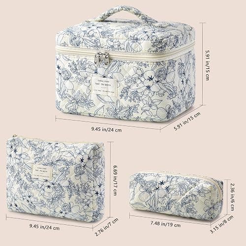 HBselect Quilted Makeup Bag, 3PCS Cotton Large Travel Makeup Bag, Cute Floral Coquette Make up Bag Cosmetic Bag Toiletry Bag for Women Girls thumbnail 5