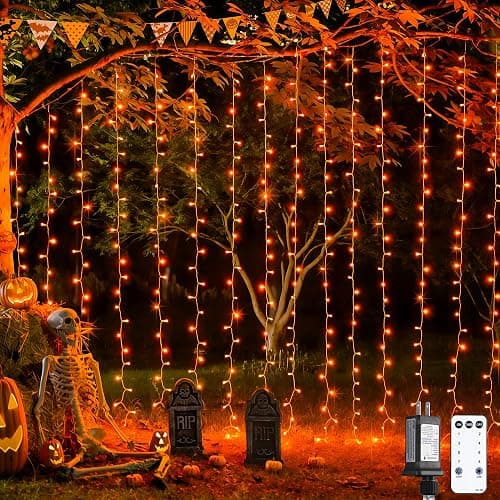 JMEXSUSS 300LED Orange Halloween Lights with Remote, 9.8x9.8ft Halloween Curtain Light, 8 Modes Orange Hanging String Lights Plug in for Fall Bedroom Thanksgiving Window Party Indoor Outdoor Decor - Image 1
