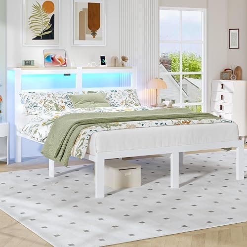 ChicZhiNest Full White Bed Frames with Charging Station and LED Lights, Full Platform Bed with Heavy Duty Metal Slats, Storage Headboard, Under Bed Storage, No Box Spring Needed, Noise Free thumbnail 8