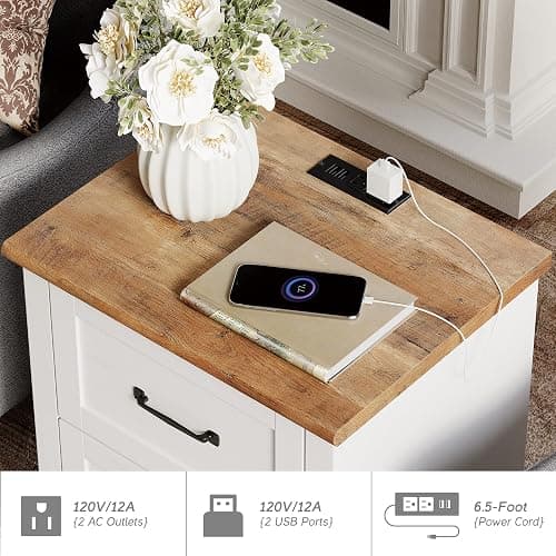 WAMPAT 2 Pack Nightstands with Charging Station, Set of 2 End Table with 2 Power Outlets & 2 USB Ports for Living Room, Antique Side Table with 2 Drawers for Bedroom, Off White thumbnail 7