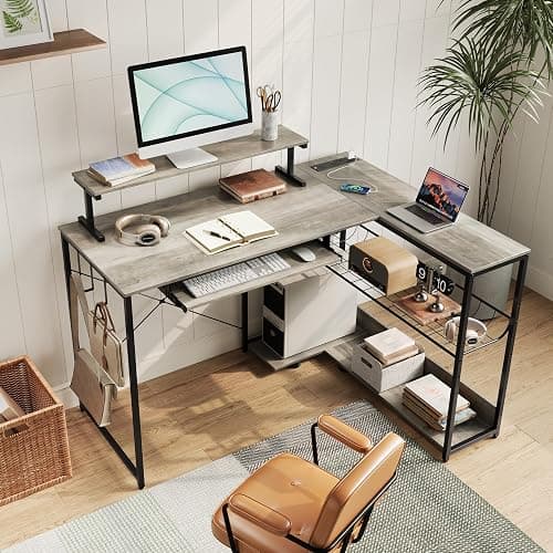 IAISRO L Shaped Gaming Desk with Power Outlets & RGB Lights, 46'' L- Shaped Desk Computer Corner Desk with Monitor Stand & Storage Shelf & Hook, Home Office Desk Writing Desk, Grey thumbnail 8
