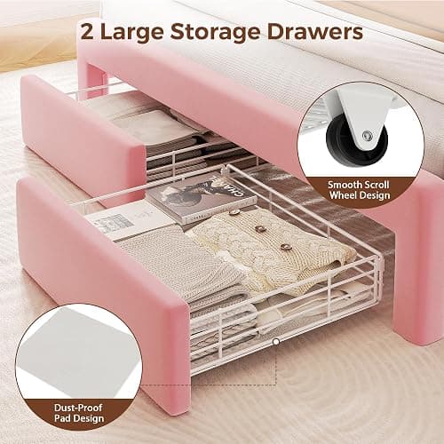 Full LED Bed Frame with Storage Headboard & 2 Storage Drawers, Princess Velvet Upholstered Bed with Vertical Tufted Headboard Design for Girls, USB & Type-C Charging Ports, Wooden Slats Support, Pink thumbnail 6