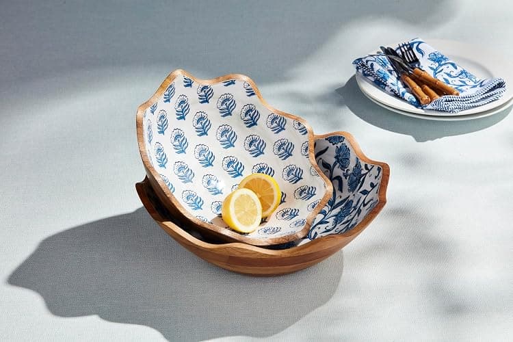 Mud Pie Small 4" x 12" Large 4 1/2" x 14" Dia Block Print Enamel Bowl Set, Blue thumbnail 2