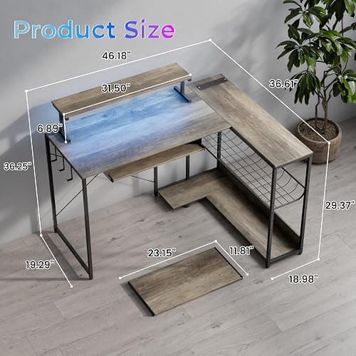 IAISRO L Shaped Gaming Desk with Power Outlets & RGB Lights, 46'' L- Shaped Desk Computer Corner Desk with Monitor Stand & Storage Shelf & Hook, Home Office Desk Writing Desk, Grey thumbnail 2