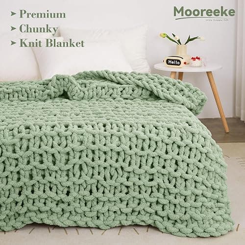 Mooreeke Chunky Knit Blanket 50"x60" Light Green Soft Washable Chenille Throw Blanket Cozy 100% Handmade Crochet Blankets with Jumbo Chenille Yarn for Couch Bed Sofa Room Decor thumbnail 3