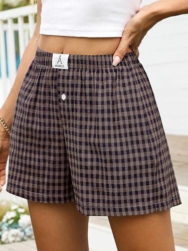 ANRABESS Boxer Shorts for Women Gingham Pajama 2026 Summer Casual Lounge Sleep Plaid Shorts Y2K Beach Bottoms thumbnail 3